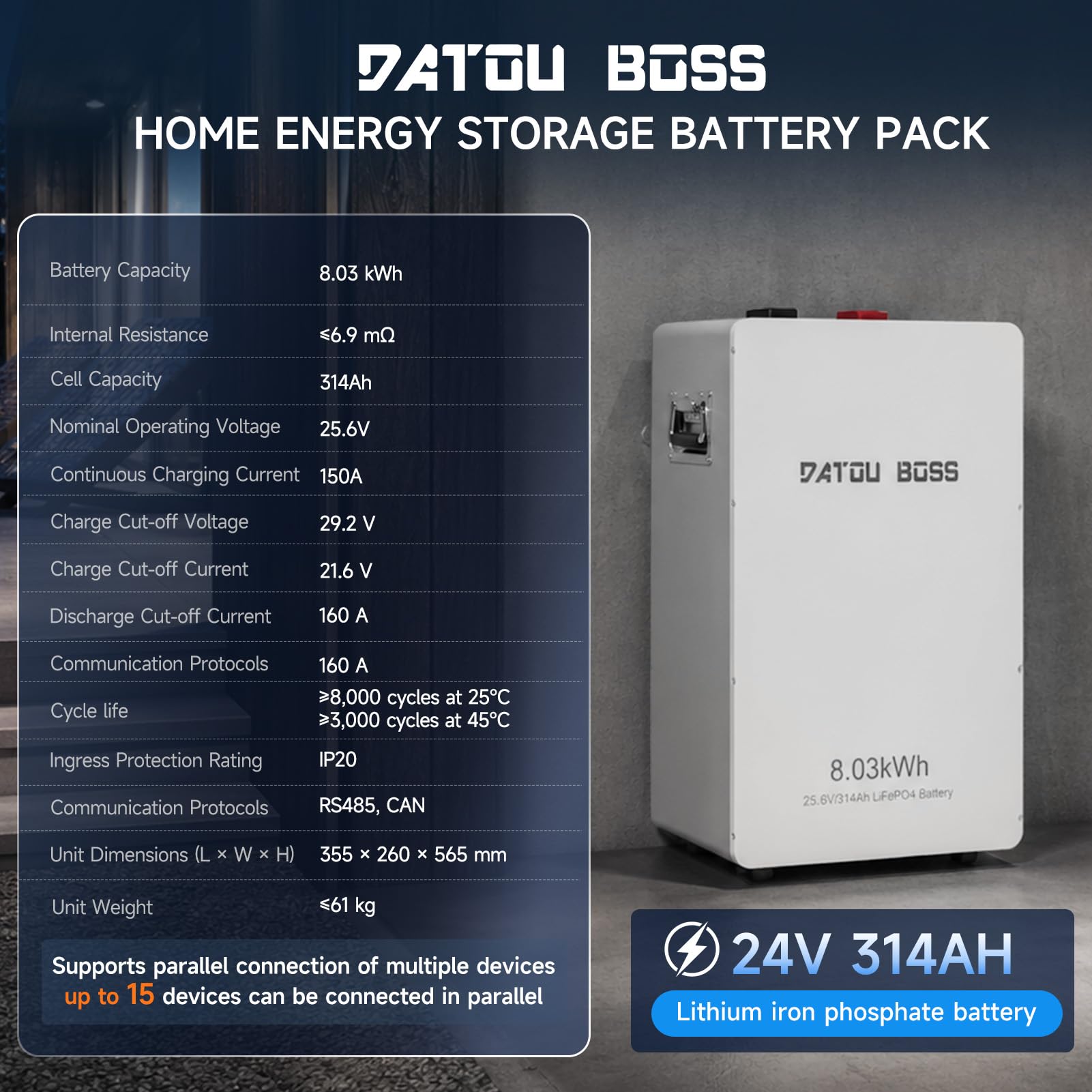 DATOUBOSS Batteria LiFePO4 24V 314Ah,integrata 200A BMS 8000+ cicli MAX 8,03KWh supporta il collegamento in parallelo, elevata capacità della batteria e ampia gamma di applicazioni | 8,03 kWh, 8000+ cicli, batteria al litio da 24 V, supporta il circuito p