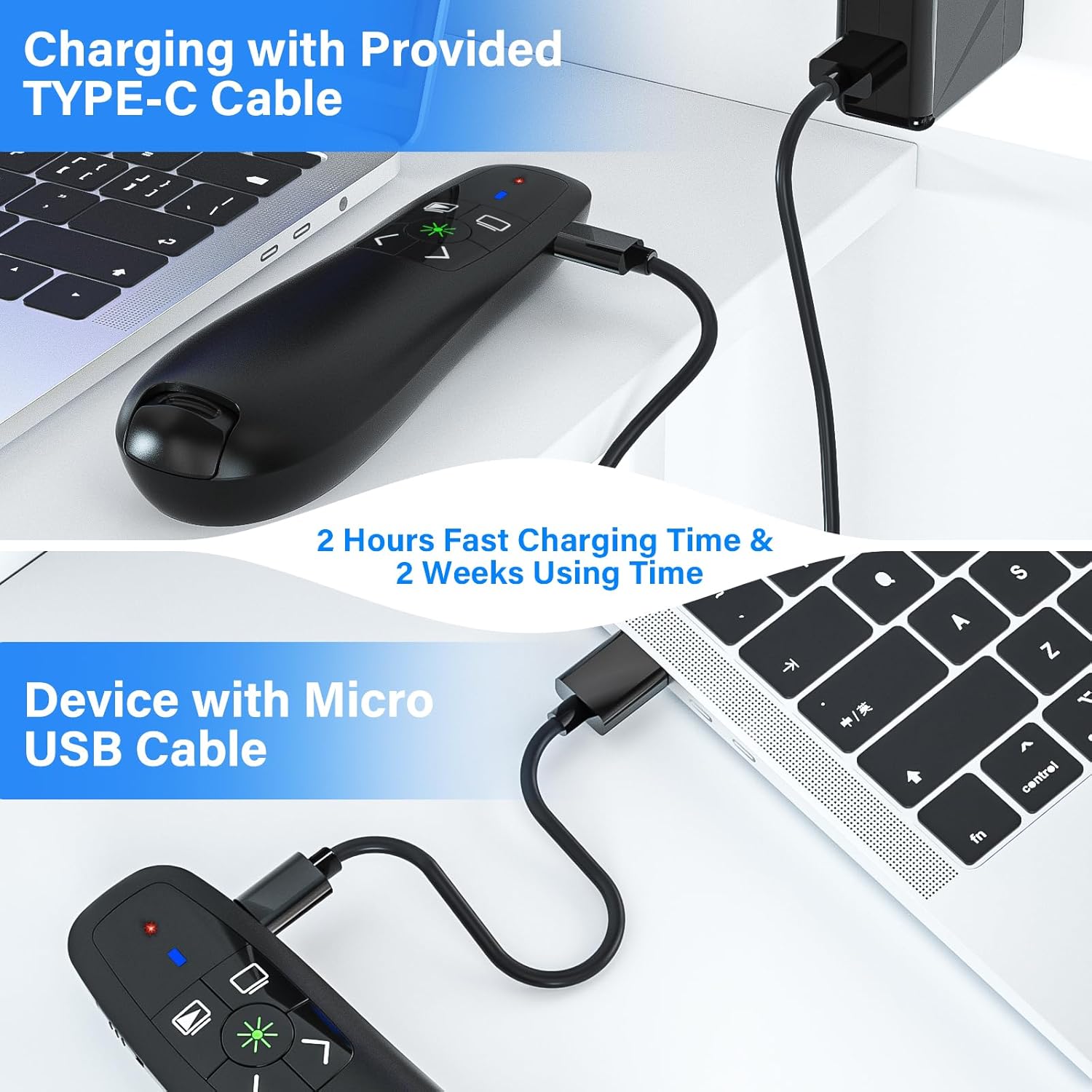 Presentation Clicker Wireless Presenter Remote Clicker, 2-in-1 USB C USB A Clicker for PowerPoint Presentations, Rechargeable Presentation Clicker with Green Light Pointer, Clicker for Class, Meeting