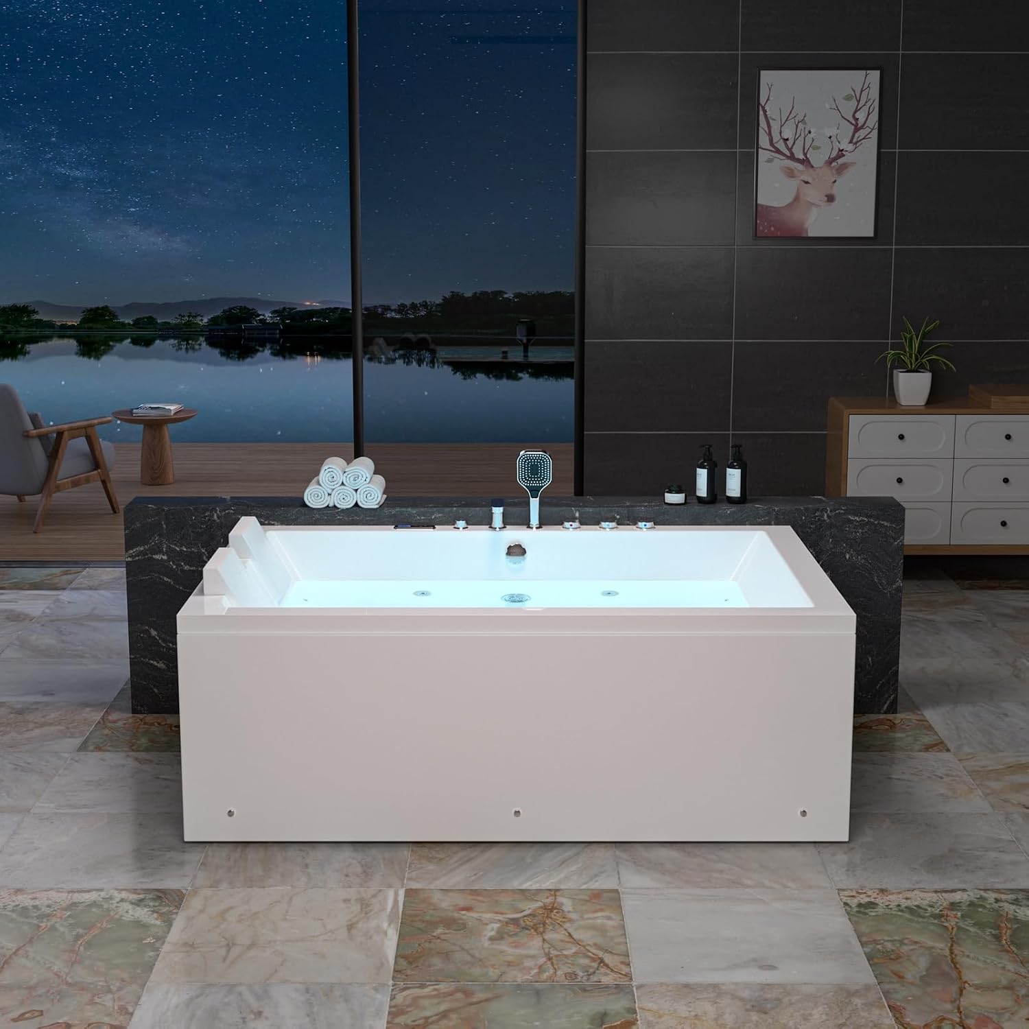 Empava PRO Series Whirlpool Bathtub for Two, Heated Jetted Tub with Air Bubble Jets & Chromotherapy Lights, Acrylic Soaking Spa Tub, Thermostatic Control, Self-Cleaning, ETL Certified, White, 71"