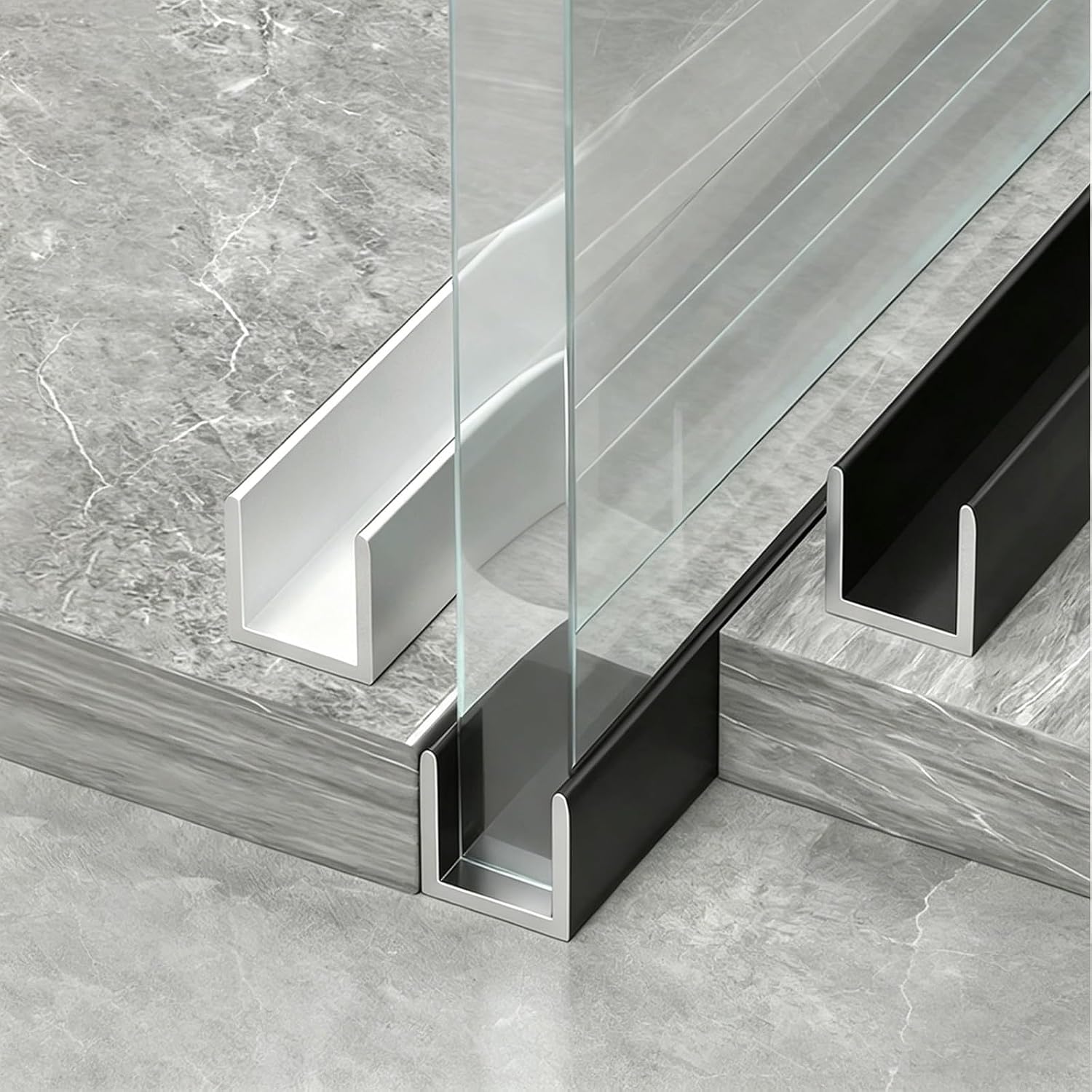 Shower Door Glass U Channel for 1/4" 5/16" 3/8" 1/2" Thick Panel, Frameless Aluminum Glass Inserts for Stabilizing Support - 2Pcs(Matte Black,for 5/16" (8mm))