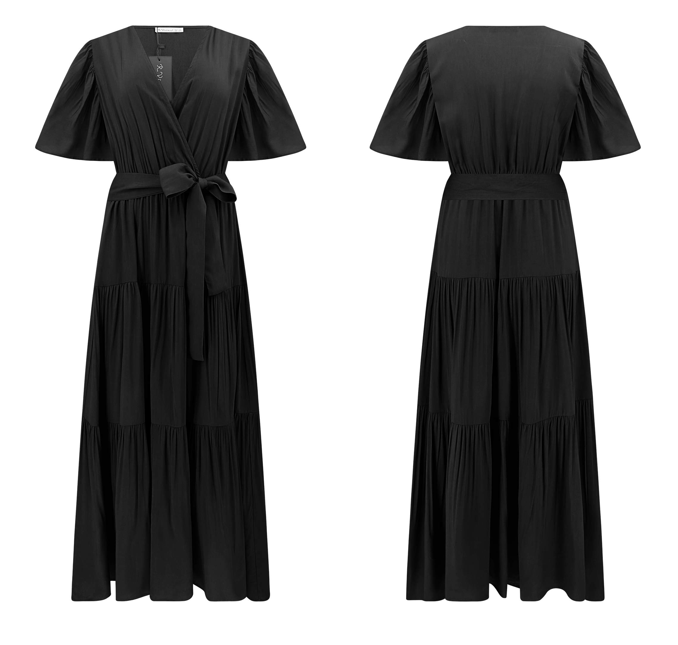 R.Vivimos Summer Dress for Women Cotton Ruffle Short Sleeves V Neck Casual Flowy Midi Dress with Belt