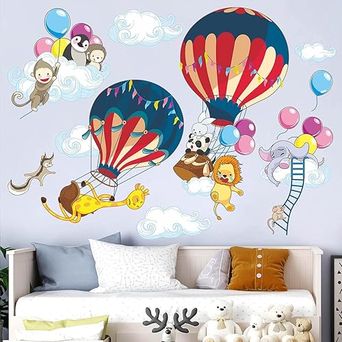 RW-9152 Calcomanías de pared de globos de aire caliente coloridos, jirafa, mono, animales voladores, calcomanías de pared, bricolaje, globo