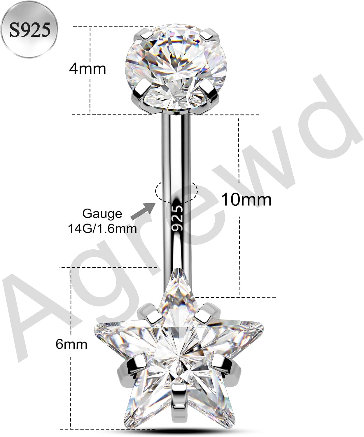925 Sterling Silver Belly Button Rings 14G Belly Navel Rings for Women Cute Star Belly Navel Piercing Jewelry