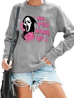 RFBIQI No You Hang Up Sweatshirt for Women Funny Ghostface Graphic Long Sleeve Shirt Halloween Party Casual Pullover Tops