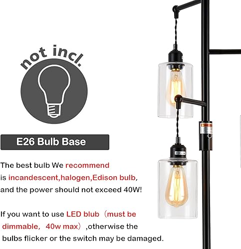 Miniatura 8 de Airposta Lámpara de pie industrial con interruptor regulable de encendidoapagado, lámpara de pie de árbol rústico de 3 cabezales, bombilla Edison de