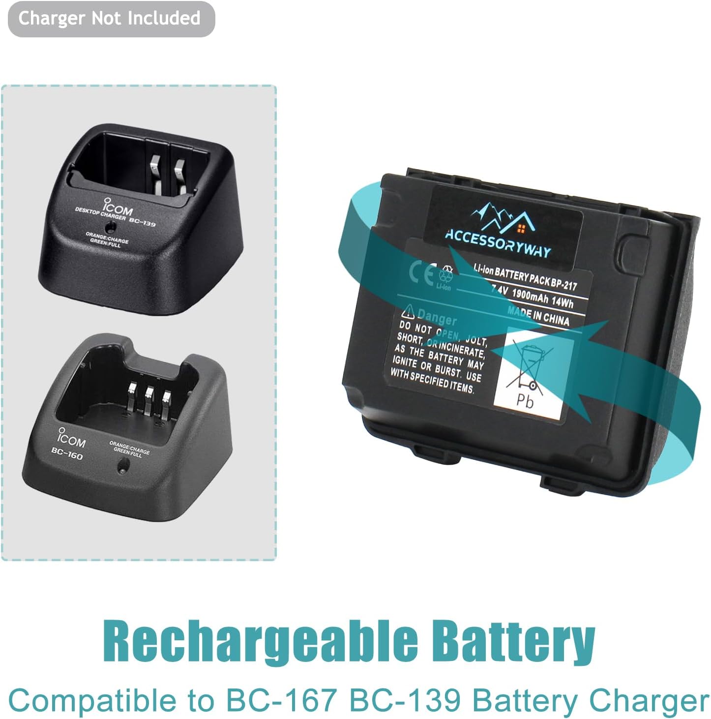 2Pack-BP-217 BP-217Li Replacement Battery - Compatible with ICOM IC-80AD IC-91A IC-91AD IC-T90 IC-T90A IC-T90E IC-T91 ID-91 IC-E80D IC-E90 IC-E91 Two-Way Radios -High Capacity 1900mAh Li-Ion Battery