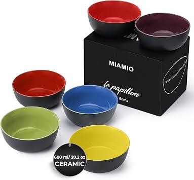 MIAMIO - 6 x 17 oz Stoneware Bowl Set Outside Black Inside Colourful - Le Papillon Collection Mixed