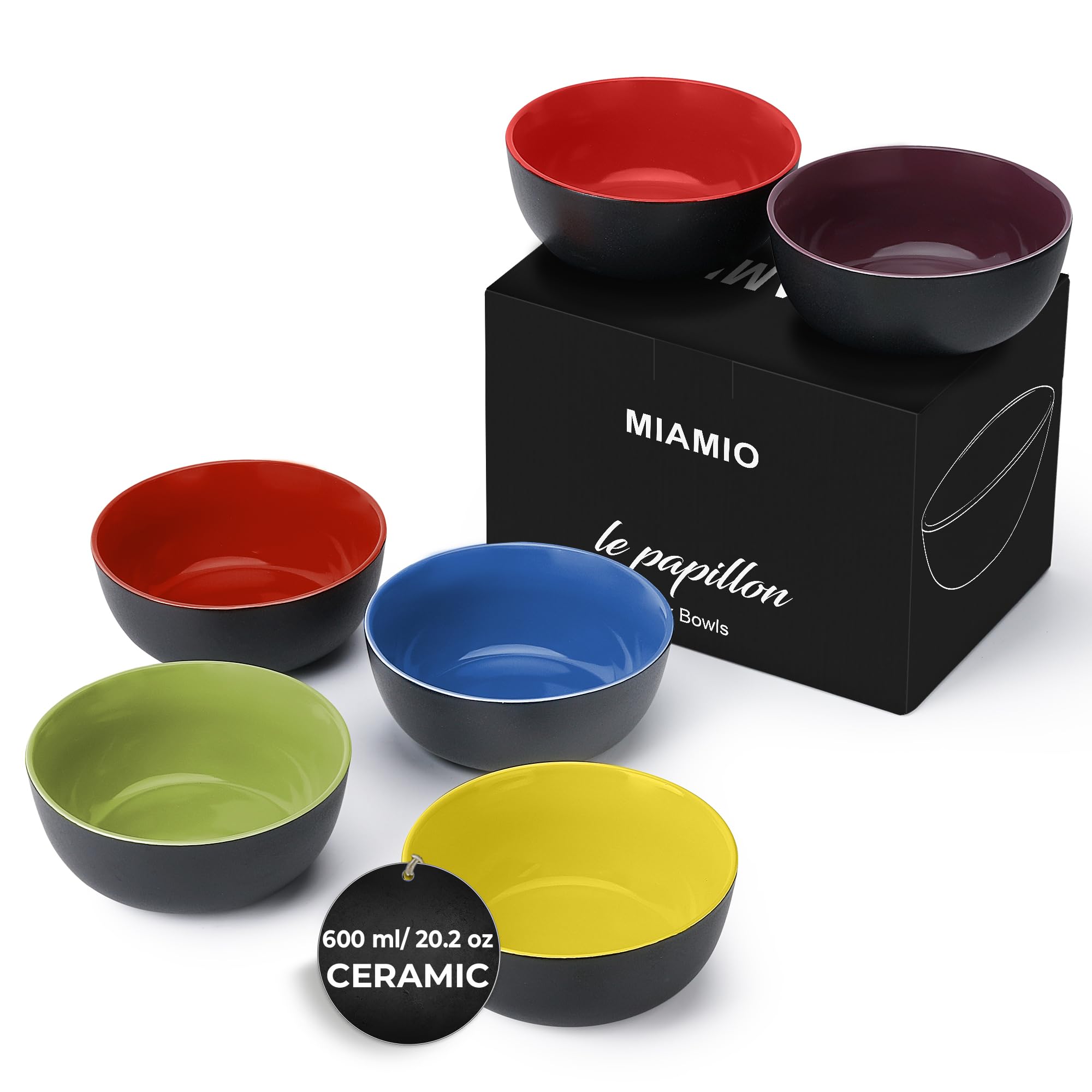 Sponsored Ad – MIAMIO - 6 x 600 ml Stoneware Bowl Set Outside Black Inside Colourful - Le Papillon Collection (Mixed)