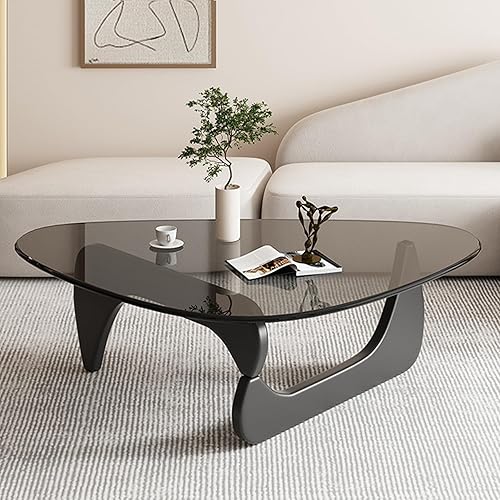 Miniatura 1 de Mesa de centro triangular de vidrio, mesa moderna, base de madera maciza, tapa de vidrio transparente templado para sala de estar y balcón (32.3 x