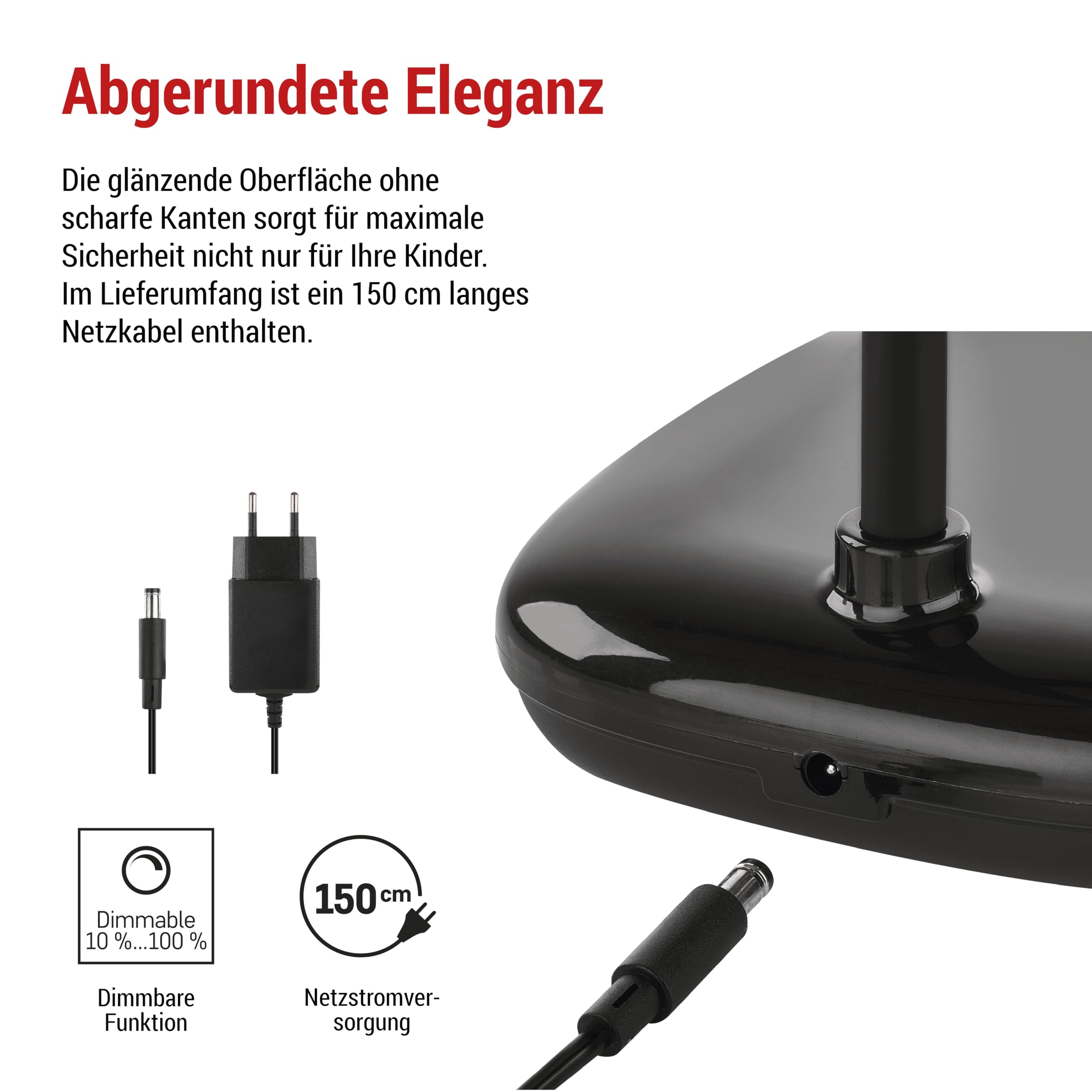 EMOS LED Tischlampe Molly 12W, Helligkeit 650lm, dimmbar, einstellbare Lichtfarbe (3000-6500 K), Flexibler Lampenarm, 1,5m Ladekabel mit 10V Netzadapter, schwarz