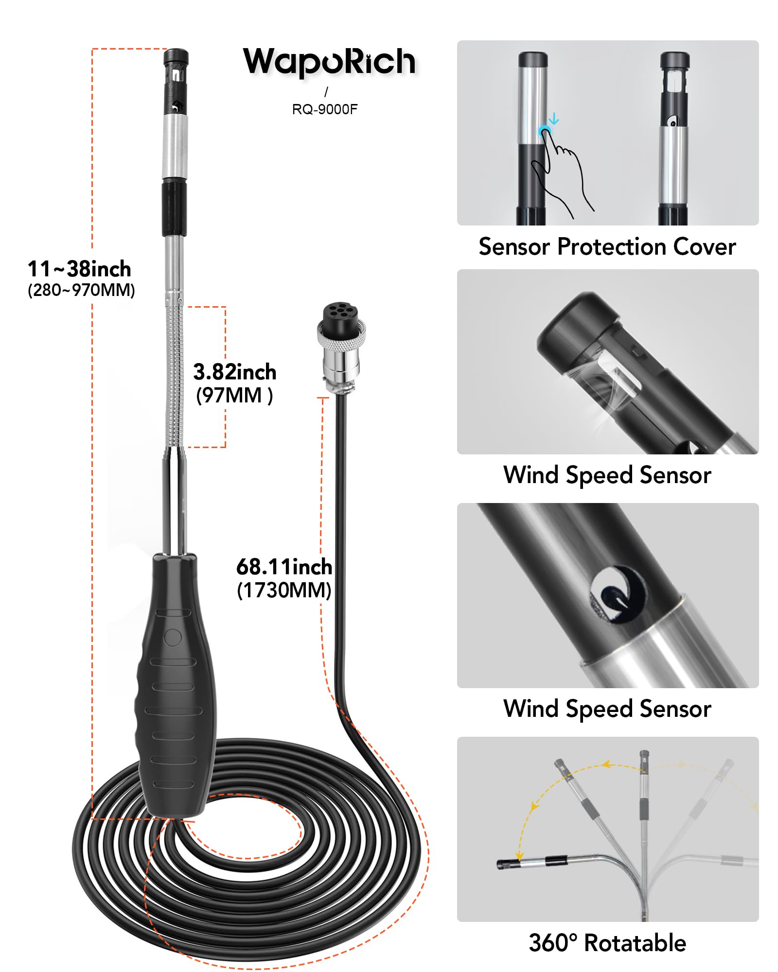 Thermisches Windmesser Windmessgerät, WapoRich Hitzdraht-Anemometer HVAC CFM Meter misst Windgeschwindigkeit, Temp(℃/℉), CMM/CMS/CFM mit MAX/MIN, Data Hold - RQ-9000F