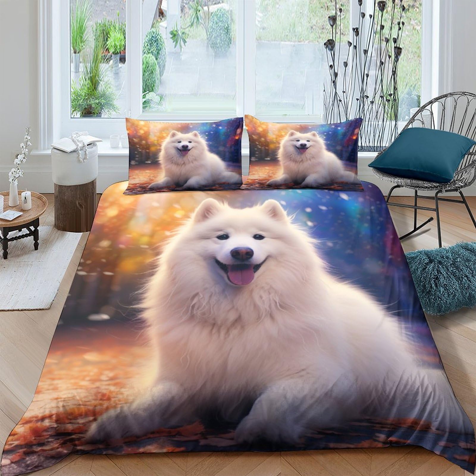 Housse de couette Samoyède 3D 220x240 cm en microfibre avec taies