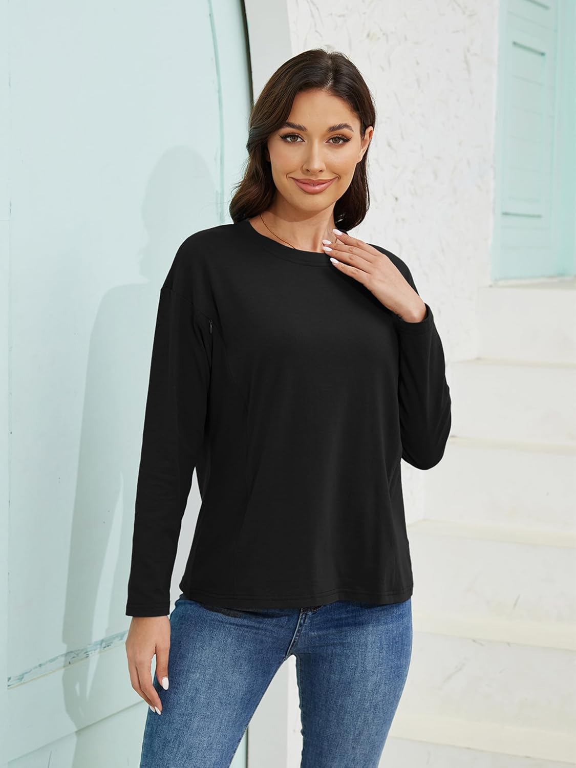 Ecavus Women’s Zip Maternity Nursing Tops for Breastfeeding Long Sleeves Casual Nursing Shirts Pregnancy Mama Clothes - Image 5