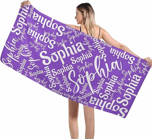 Toalla de baño con texto personalizado para niños, niñas, amigos, toalla de playa personalizada con nombre morado para viajes, baño, piscina, 30 x