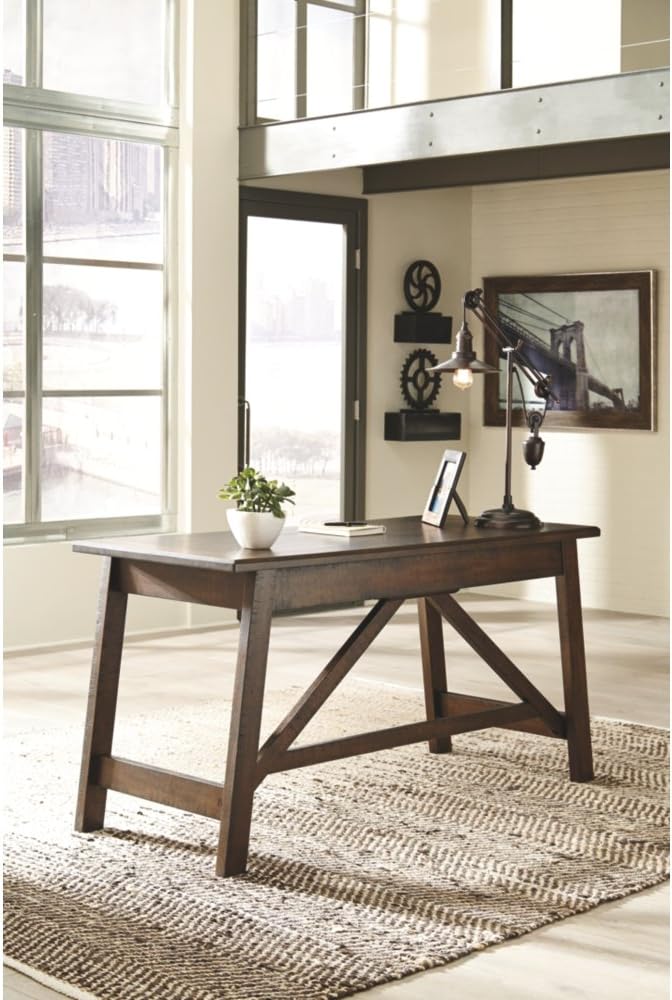 Transitional Rustic Brown Home Office Desk with USB Port and Drawers