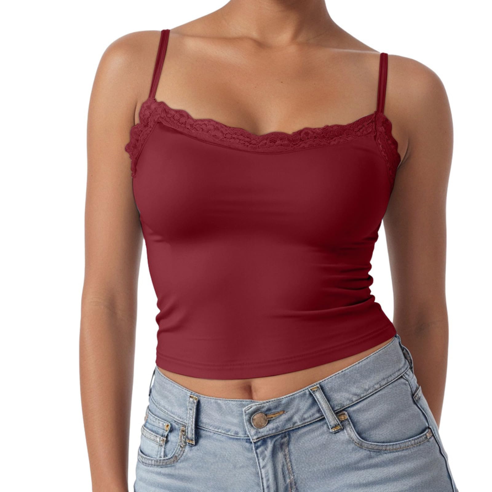 OFFSUM Camisola De Verano Para Mujer - Top Sexy De Verano Con Cuello Cuadrado Y Bordado De Encaje De Retazos Ajustado Sin Mangas De Color Liso Con Tirantes Finos Básico