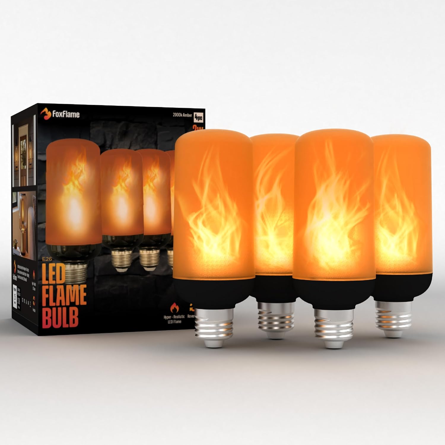 FoxFlame Medium Flame LED Flickering Light Bulbs-E26 Base Patented Realistic Flame Light Bulbs Effect,120-220V AC,IP65 Waterproof Fire Light Bulb,Fixture,Sconce (2 Pack,2000K Warm Glow)