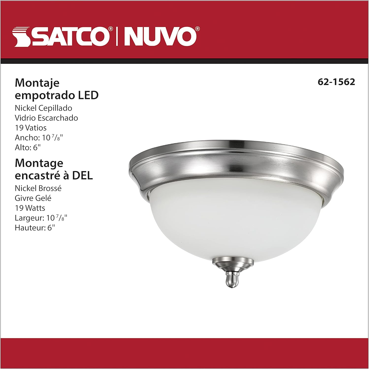 Satco (62-1562 19 Watts, 11 Inch; Led Flush Mount Fixture; 3000K; Dimmable; Brushed Nickel; Frosted Glass Ceiling Lamp for Home Brushed Nickel Warm White Led 19W 11" Flush Mount 3000K (1 Pack)