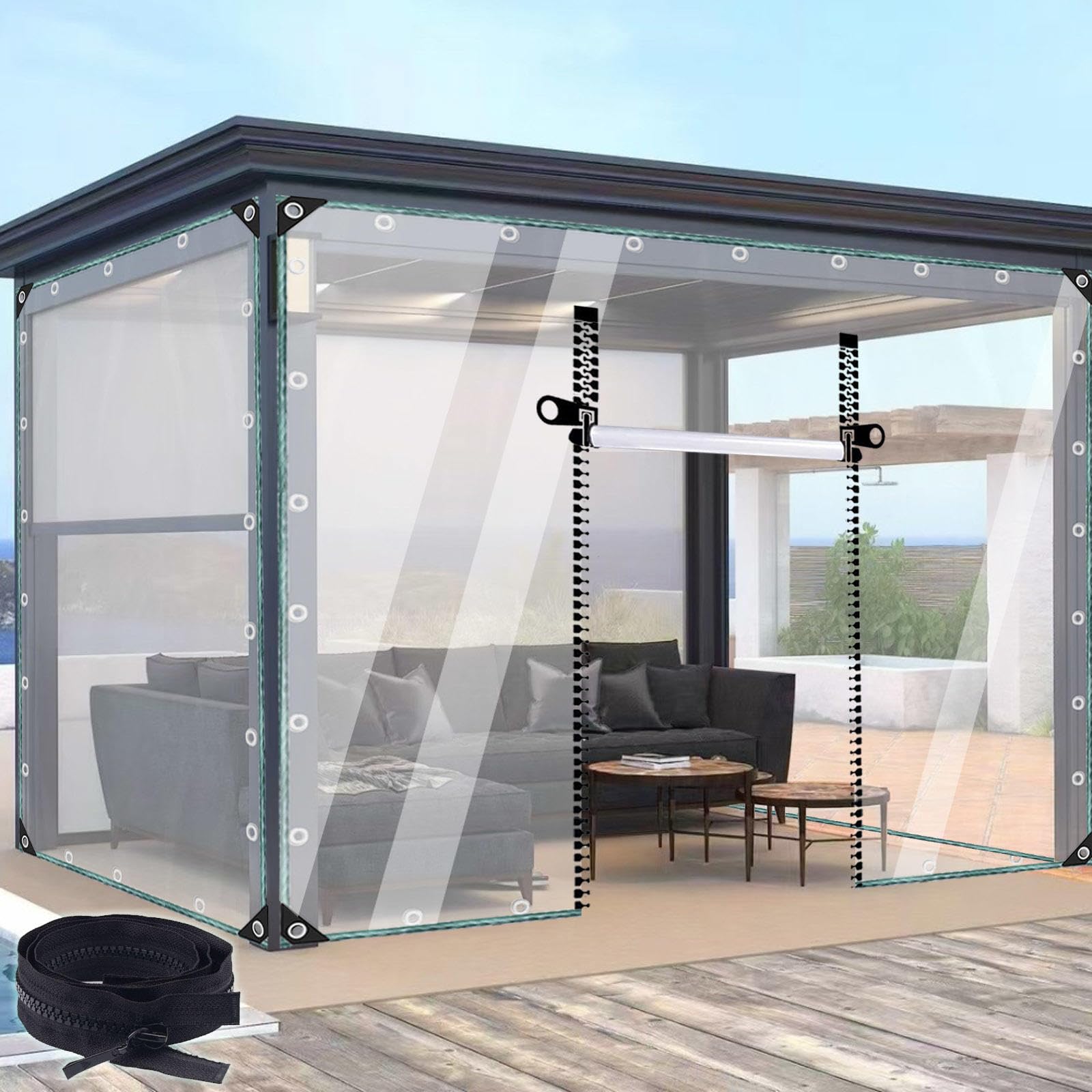 Dekzeil Zijpanelen 1/1.2/2/2.5/3/3.2m,Duidelijk Pvc Vinyldekzeil Met Ritssluitings Deur,100% Uv-Bescherming,Weerbestendig Zeil,Aanpasbaar Transparant Waterdicht Zeildoek,WxH-2x3m/6.6x9.8ft
