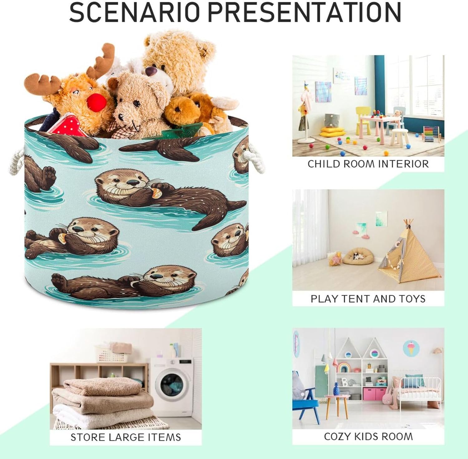 Cotton Rope Basket Sea Otters Baby Laundry Basket for Living Room, Laundry, Nursery, Pillows, Home Decor