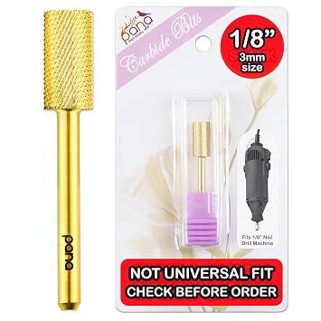 1/8" Size 3mm DOES NOT FIT 3/32" DRILLS PANA Large Flat Top Safety Carbide Nail Drill Bit for Gel Polish & Acrylic Removal Nail Salon Manicure Pedicure Large Barrel - Gold, Medium