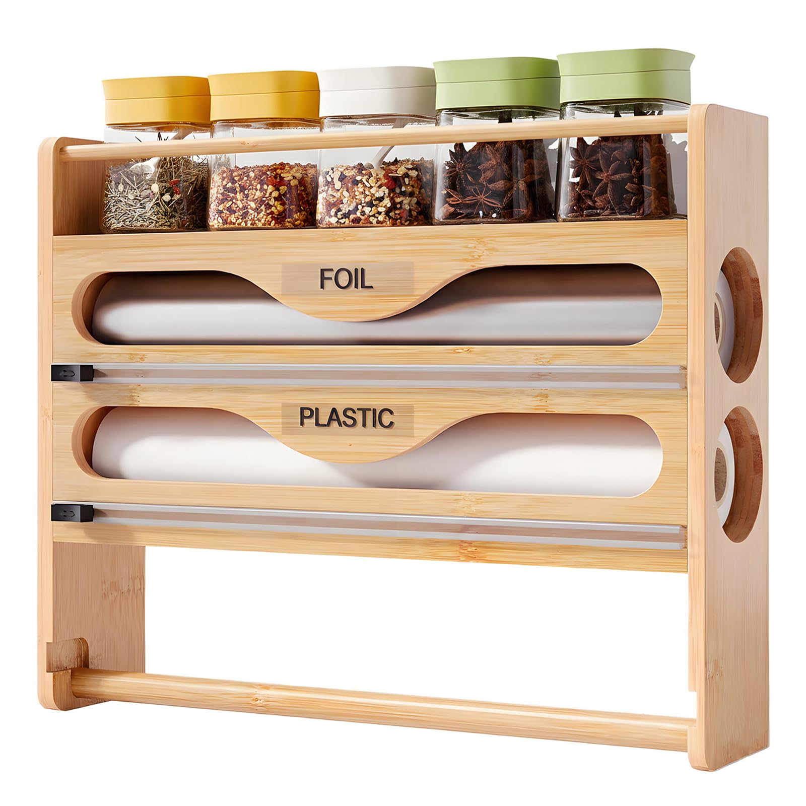 Dispensador Papel Aluminio y Film con Cortador y Especieros para Cocina Pared, Portarrollos Papel Cocina, Organizador Papel Aluminio y Film de 30cm de Largo, Organizadores de Cocina (Madera)