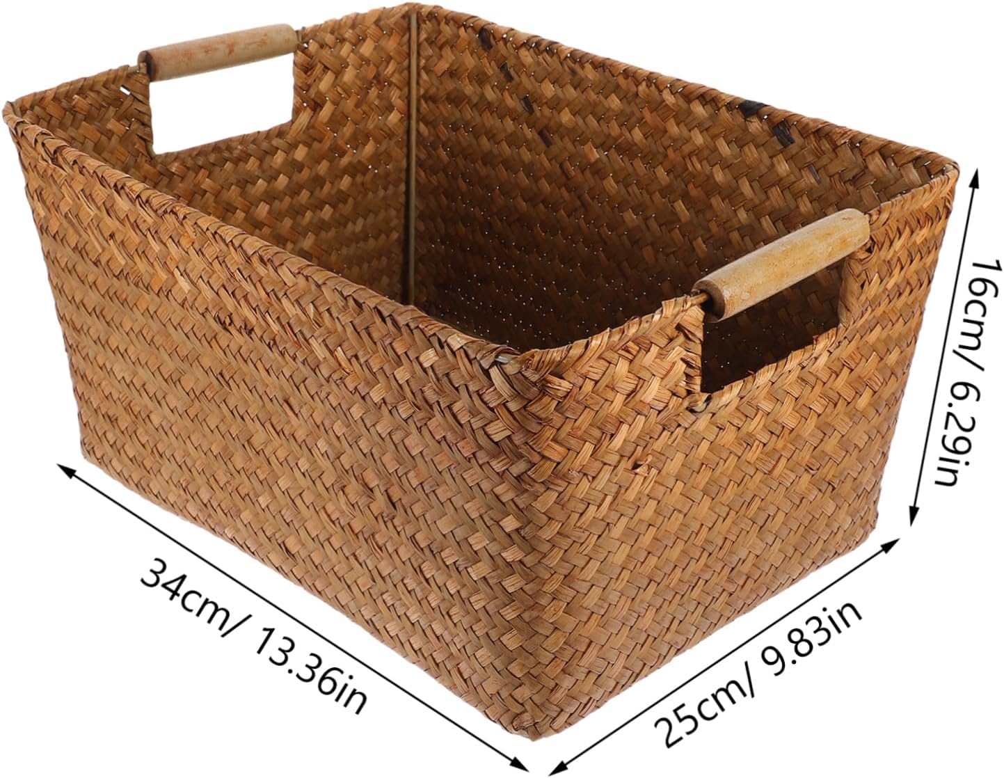 Woven Storage Basket with Wooden Handles Medium Rectangular Organizer for Home Office Sundries Container for Fruits Magazines More Stylish Desktop