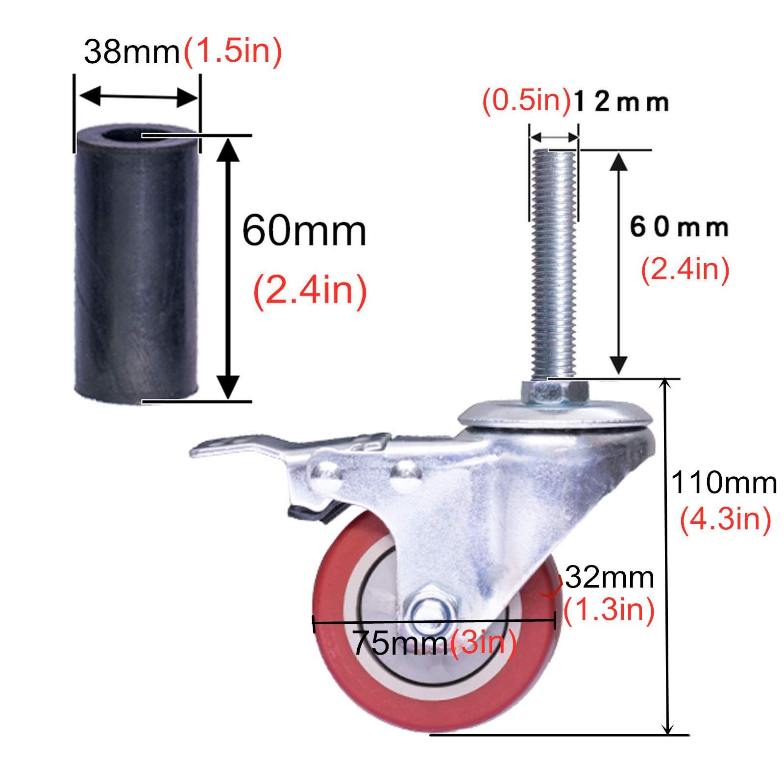Zestaw 4 wytrzymałych kół skrętnych - Poliuretan z hamulcem do stołu warsztatowego, wózka i mebli - śruba M12x60mm, średnica 75mm/3in, rozmiar 38mm