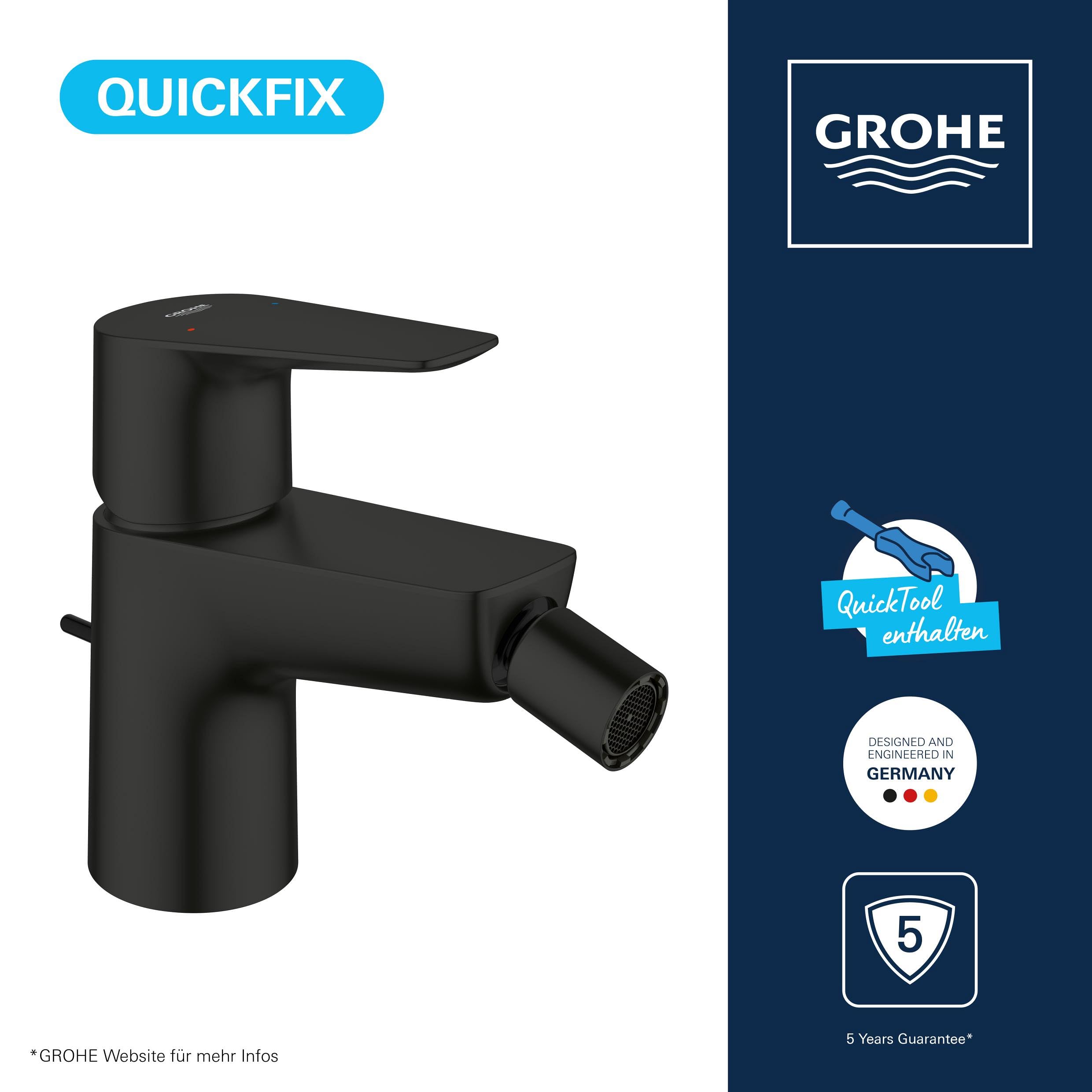 GROHE StartEdge, Bidetarmatur, wassersparend (WC Dusche für die Toilette im Bad, Kugelgelenk-Mousseur, mit Zugstangen-Ablauf, 13cm hoch, inkl 3in1 Tool, einfache Installation), mattschwarz, 233452431