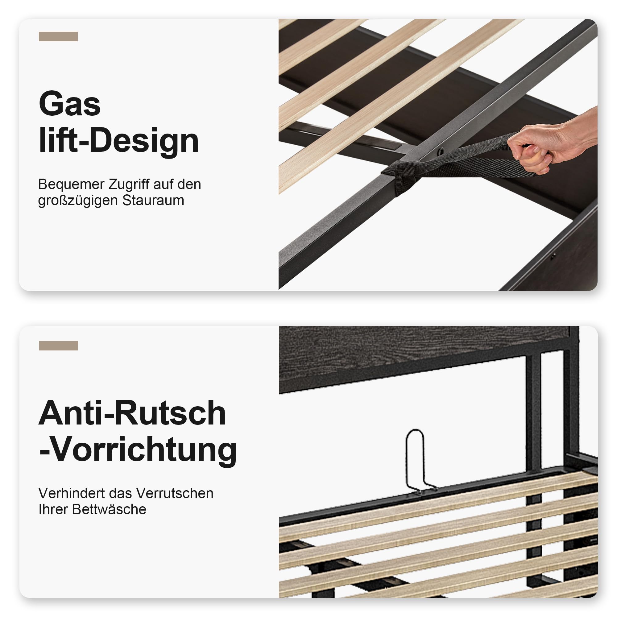 LUXOAK 160 x 200 cm Lift Up Stauraumbettgestell, Holzplattformbettgestell mit Hebefunktion, Stauraum und Ladestation, Keine Federung erforderlich, Geräuschlos, Schwarz, Ohne Matratze