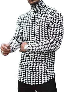 Turtleneck Men Long Sleeve Shirt Fashion T-Shirts Plaid Houndstooth Undershirts Mock Turtle Neck Slim Fit Shirts