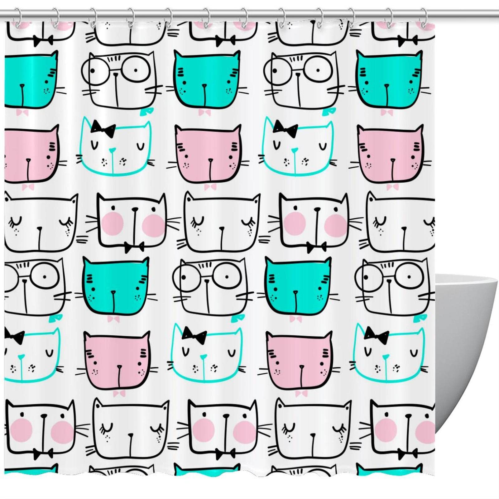 Rideau de douche imperméable têtes de chat pour salle de bain