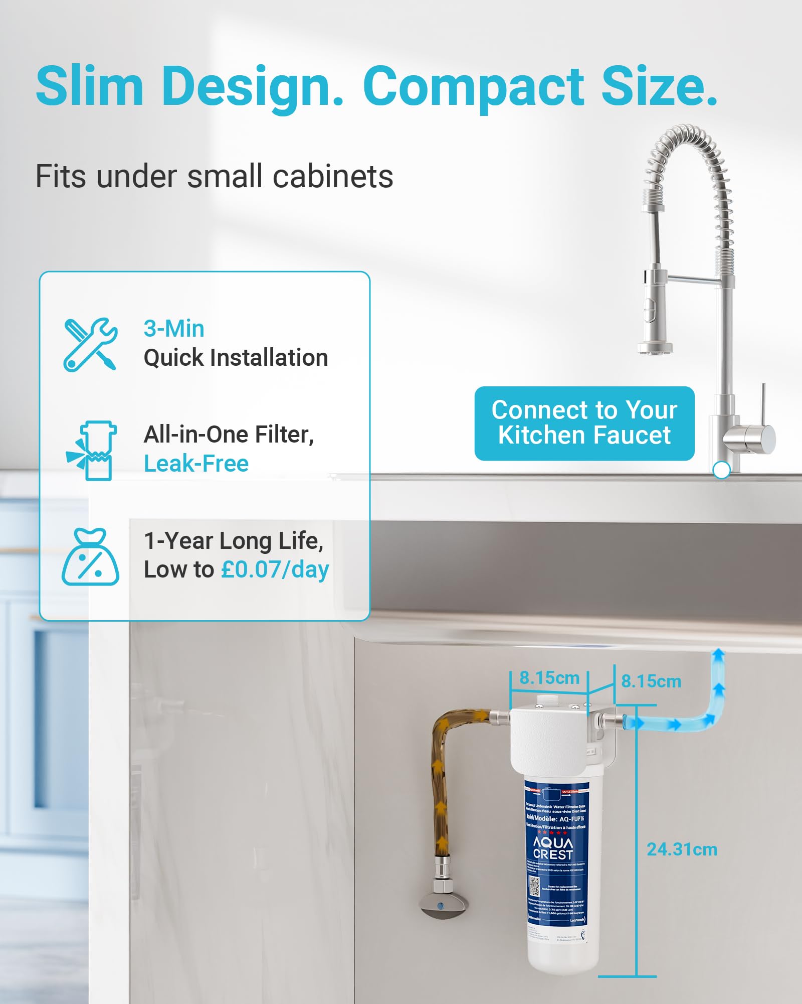 AQUA CREST UP16 Sistema de Filtrado bajo Fregadero, Conexión Directa al Grifo de Cocina, Reduce 99,52% de Cloro, Sabores y Olores, 11K Galones