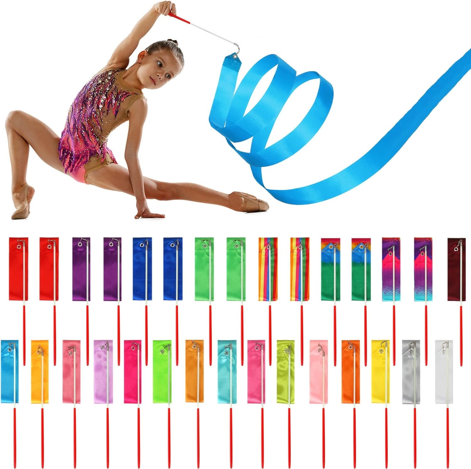 Ribbon Dancing Wands 78.7 Inch Gymnastics Ribbon Streamers Rainbow Artistic Dancer Twirling Wands, Rainbow Birthday Decorations