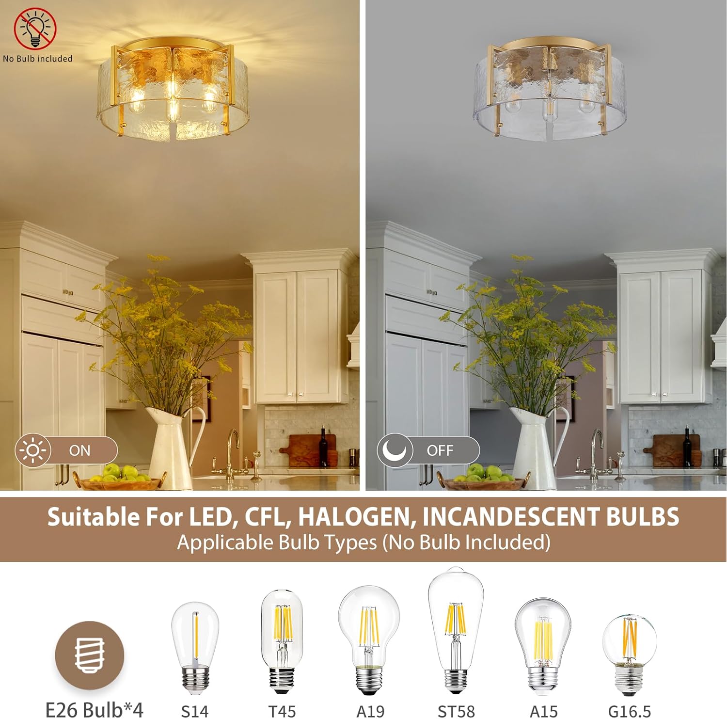 17.3" Modern Gold Semi Flush Mount Ceiling Light Fixture Glass 4-Light Close to Ceiling Lamp for Hallway Entryway Kitchen Island Dining Room Foyer Bedroom Laundry