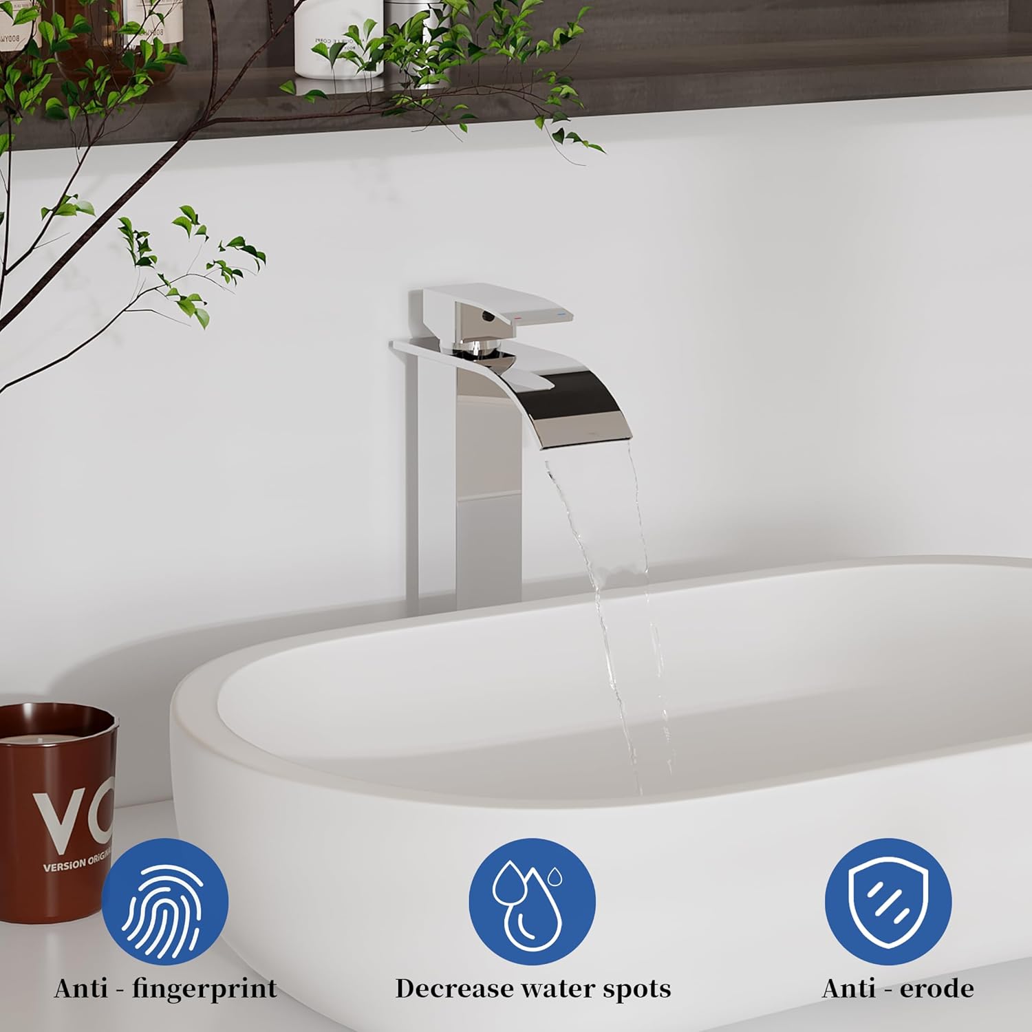 RUACQ Vessel Sink Faucet,Tall Waterfall Bathroom Faucets for 1 or 3 Hole,Single Handle with 304 Stainless Steel Lavatory Vanity Faucet with Deck,Pop-up Drain and Supply Hoses (Chrome)
