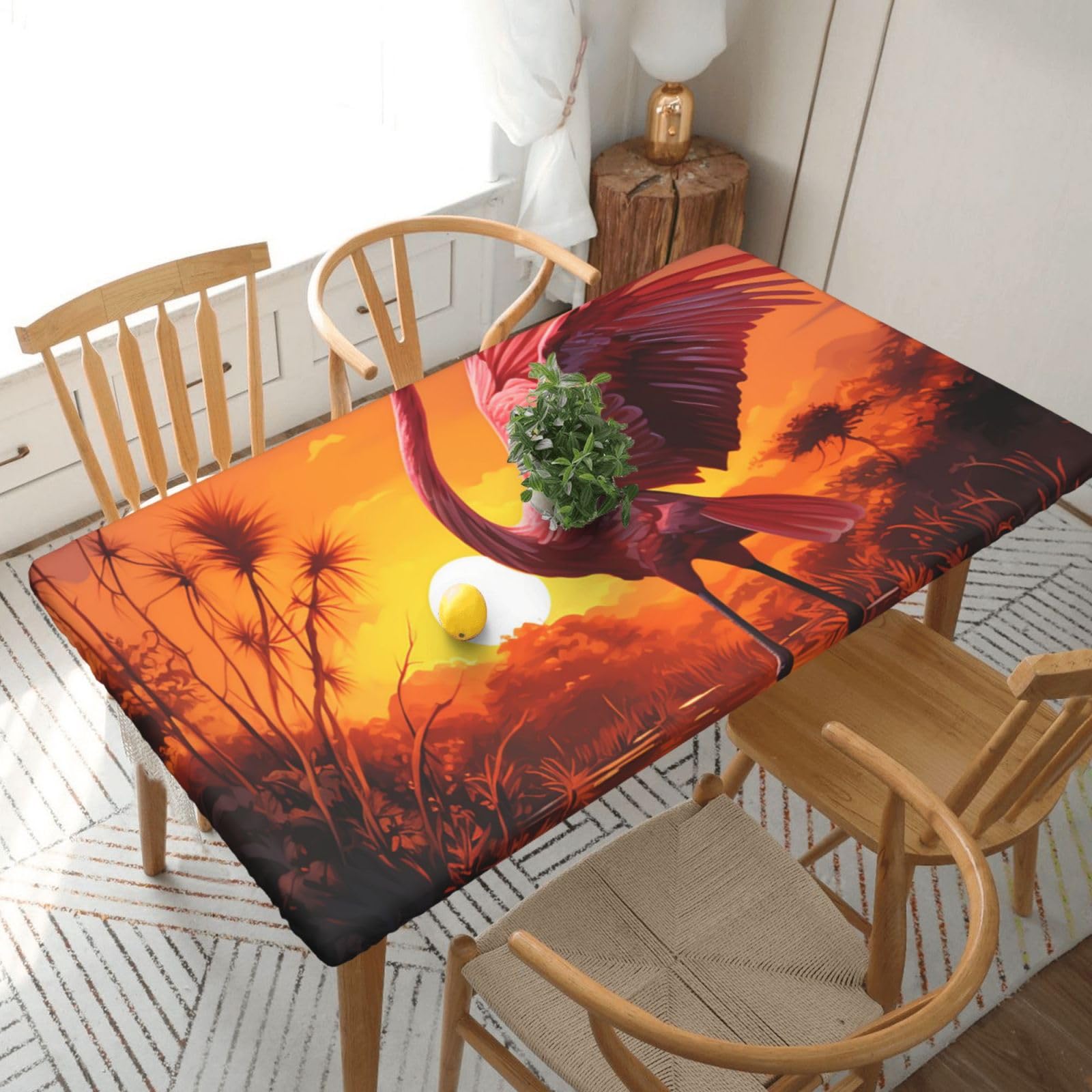 Xzeit Pink Flamingo Sunset Rectangle Tablecloth Elastic Fitted Table Covers for 5 Ft Tables Stretch Table Cloths Outdoor Waterproof Table Cloth Cover for Picnic Camping Indoor Outdoor 30