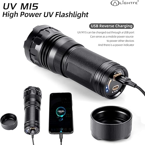 Miniatura 4 de LIGHTFE Linterna de luz negra de 365 nm con salida de alta potencia, haz puro para luz de curación de pegamento UV, brillo fluorescente de roca y