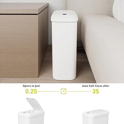 Miniatura 4 de EKO Basurero automático de baño con tapa, cubo de basura delgado sin contacto de 2.6 galones, contenedor de basura impermeable con sensor de