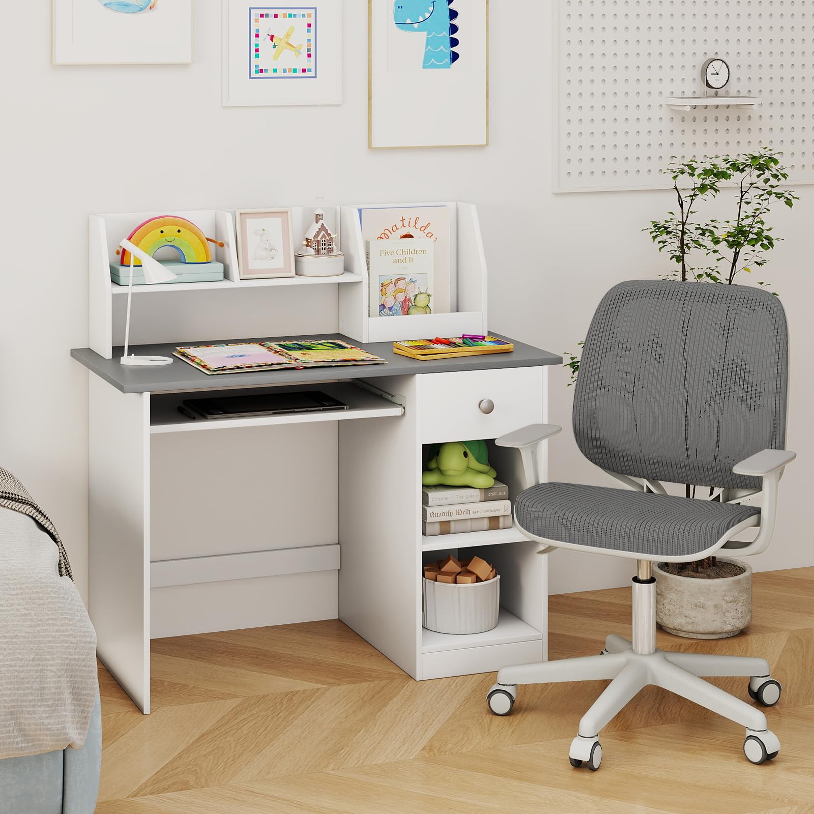 GOPLUS Kinderschreibtisch, Kinder Schreibtisch mit Bücherregal, Schublade & 4 offenen Ablagen, Kindertisch mit Tastaturablage, Jugendschreibtisch mit Kippschutz, Schreibtisch für ab 3 Jahren (Grau)
