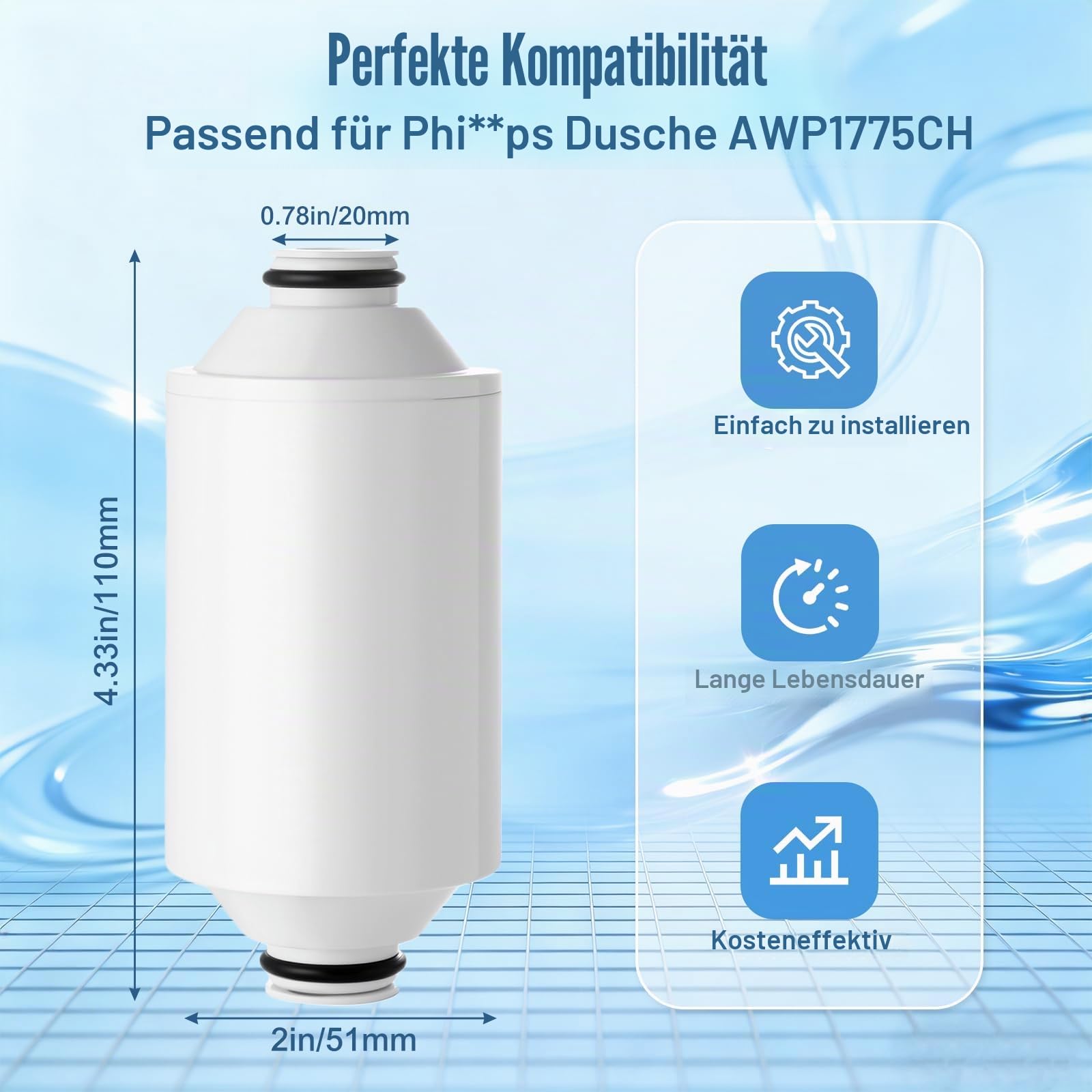 Ersatzfilterkartusche AWP175 kompatibel mit der Philips-Dusche AWP1775CH, entfernt Chlor und Verunreinigungen, Filterkapazität – 3er-Pack