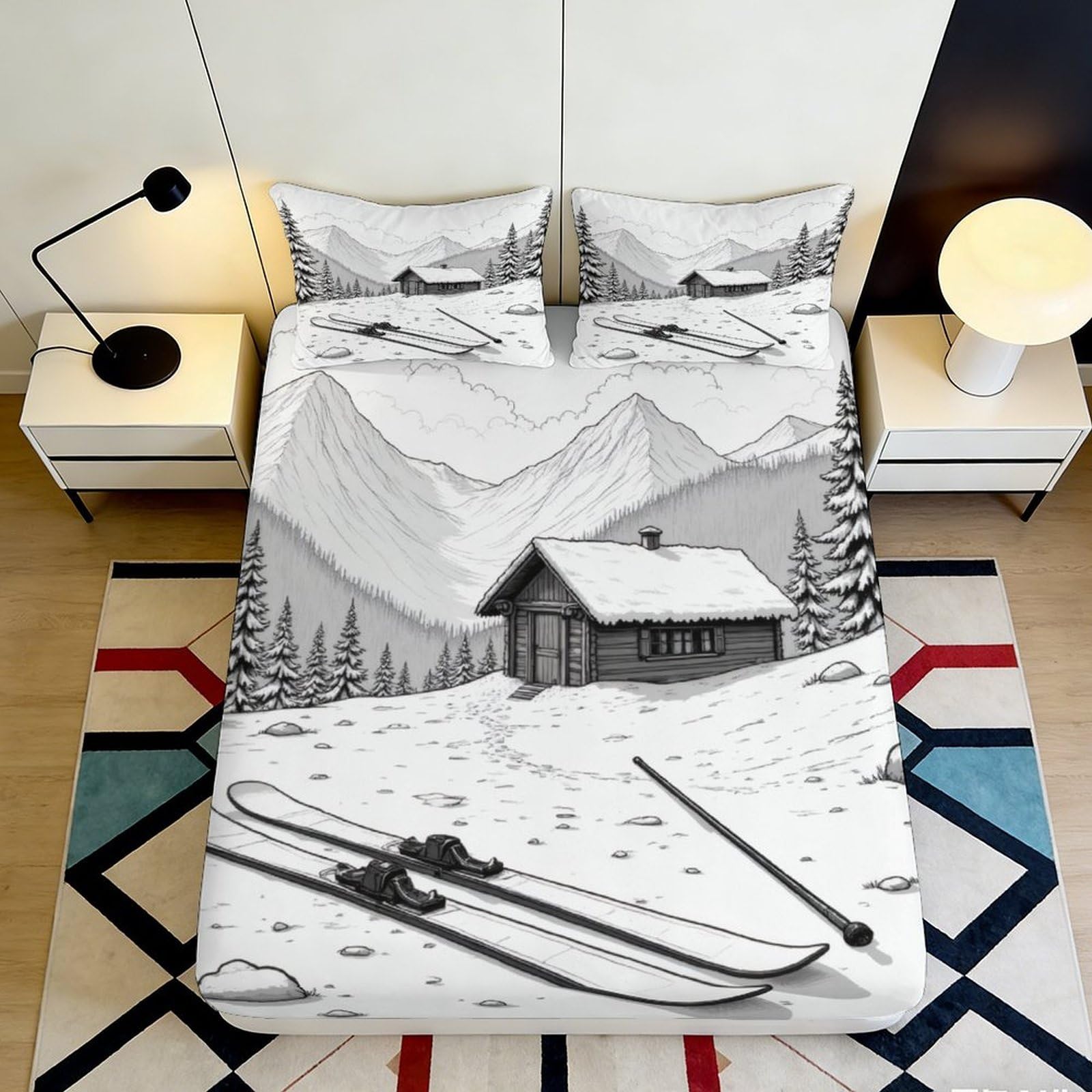 3D Printed Alpine Cabin Fitted Sheet Microfiber Soft Breathable Ski Landscape Mattress Cover for Bedroom Decor 90x200x25cm