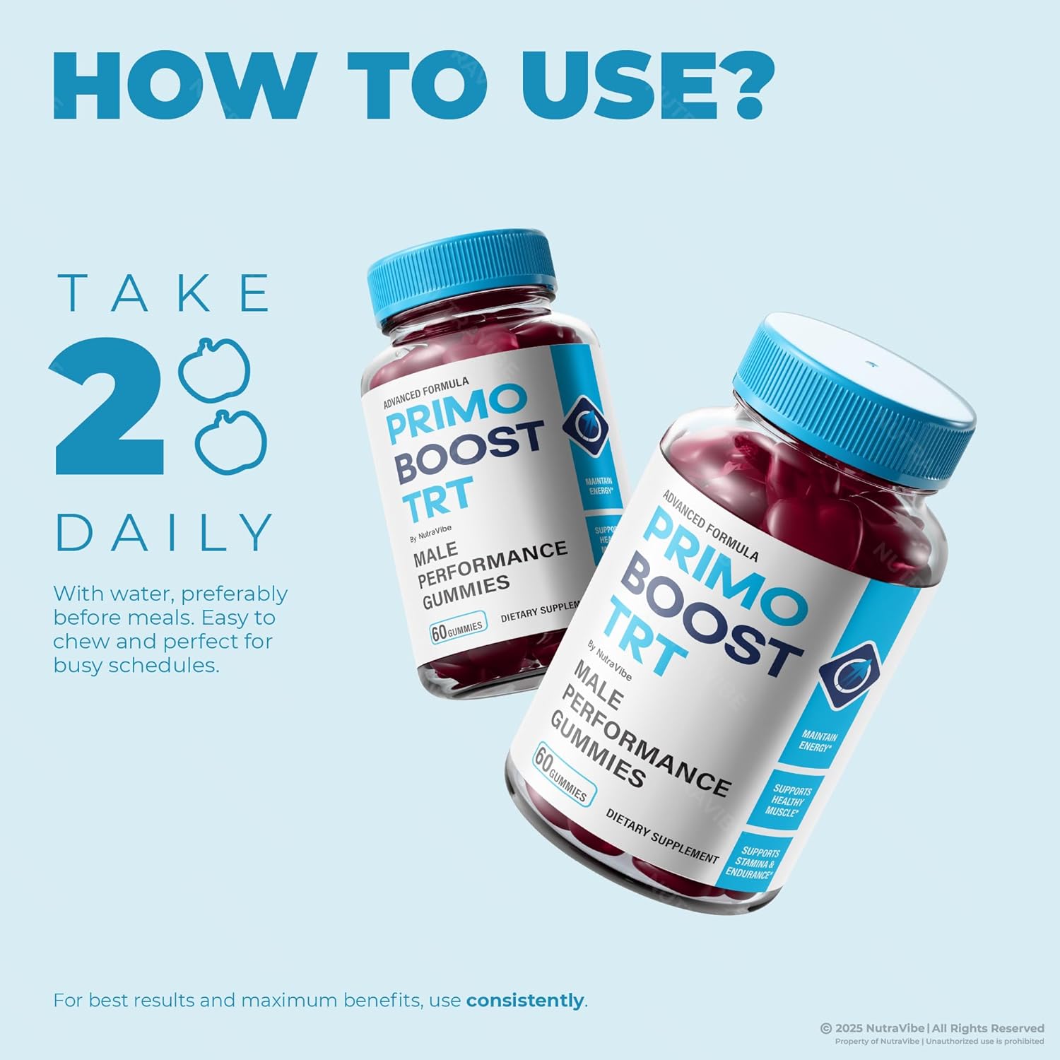 Primo Boost TRT Gummies, Premium Stamina, Power & Performance Support | Great-Tasting Daily Gummy for Energy | Easy-to-Chew, Fast-Acting Formula, Non-Habit Forming Supplement (60 Gummies)