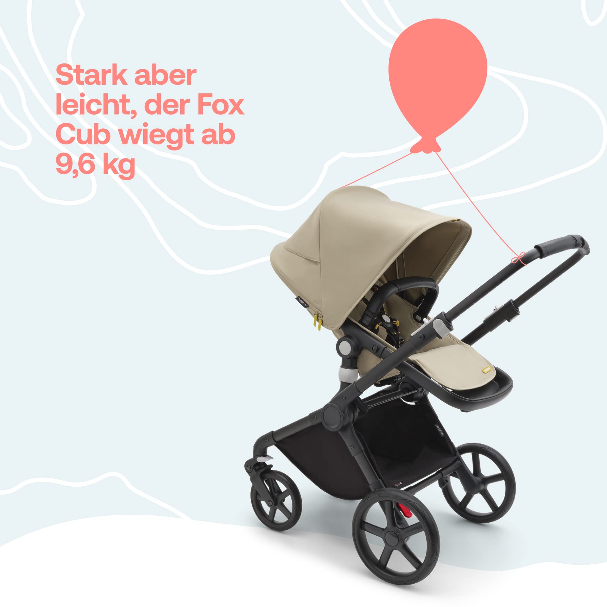 Bugaboo Fox Cub Kinderwagen für jedes Gelände, leichter stabiler Kinderwagen, strapazierfähiges Design, extragroßes Sonnendach, selbststehend faltbar, Desert Beige