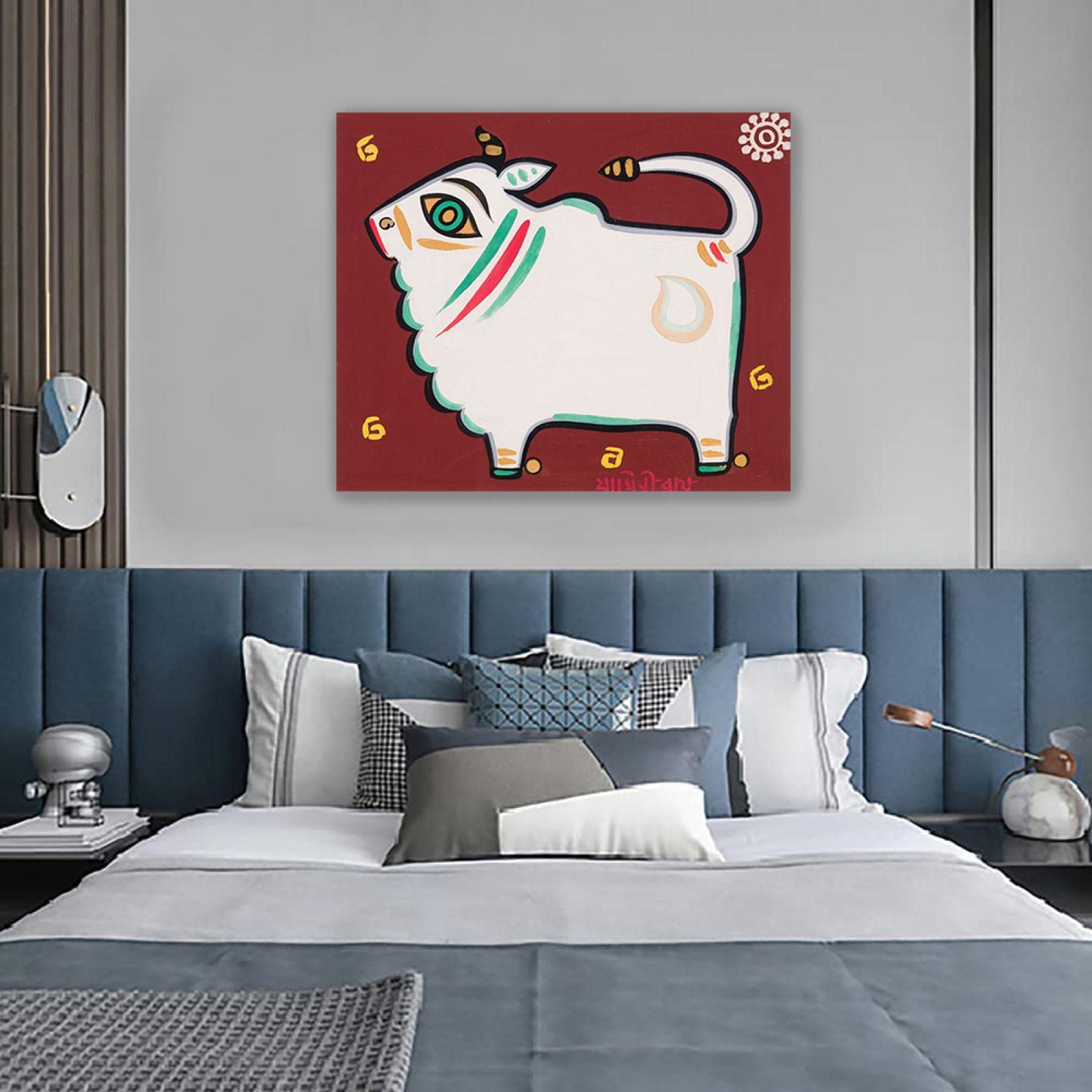 Famosos Carteles e Impresiones de Jamini Roy-Reproducciones de Pinturas en Lienzo-'Toro Sagrado'Arte de la pared Cuadros póster impresión decoración 40x48cm(16x19in)Enmarcado