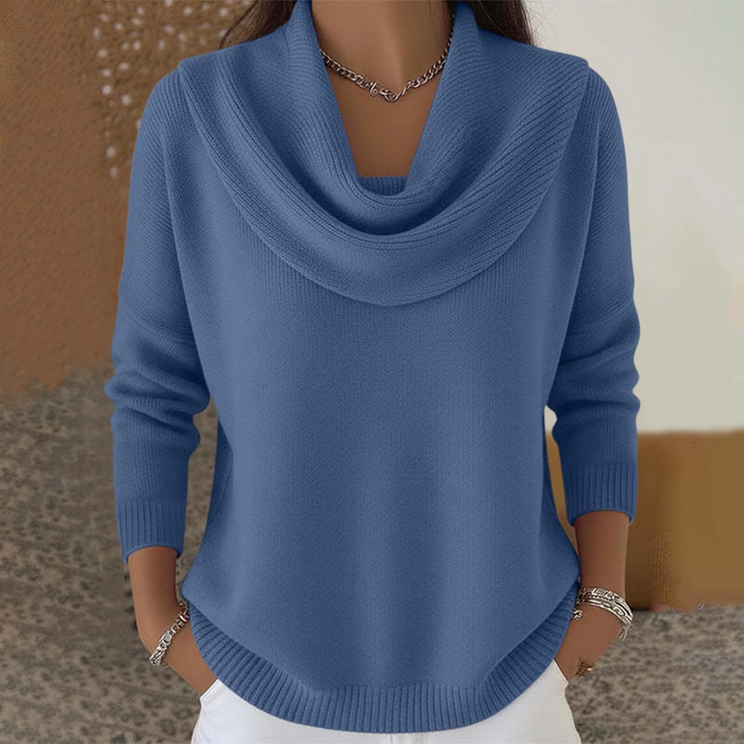 Cowl Neck Sweaters for Women Fall Winter Lightweight Long Sleeve Sweater Casual Loose Basic Knit Pullover Tops - Image 3