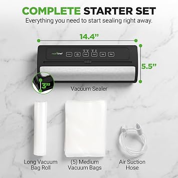 NutriChef Vacuum Sealer for Food - Automatic Electric Air Sealing Preserver System with Gentle and Normal Modes, Roll Cutter, Reusable Bags, Meal Prep Storage, Suitable for Dry/Moist Foods