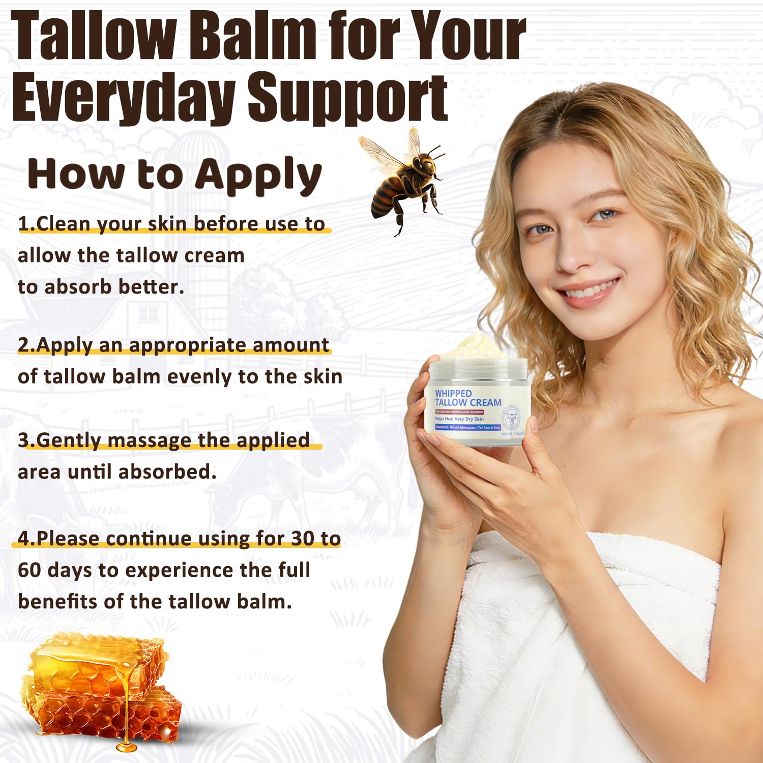 Beef Tallow for Skin, Natural Beef Tallow for Face, 100% Organic Grass Fed Finished Whipped Tallow and Honey Balm, Tallow Cream for Skin Care, Tallow Face Moisturizer Body Lotion - Image 5