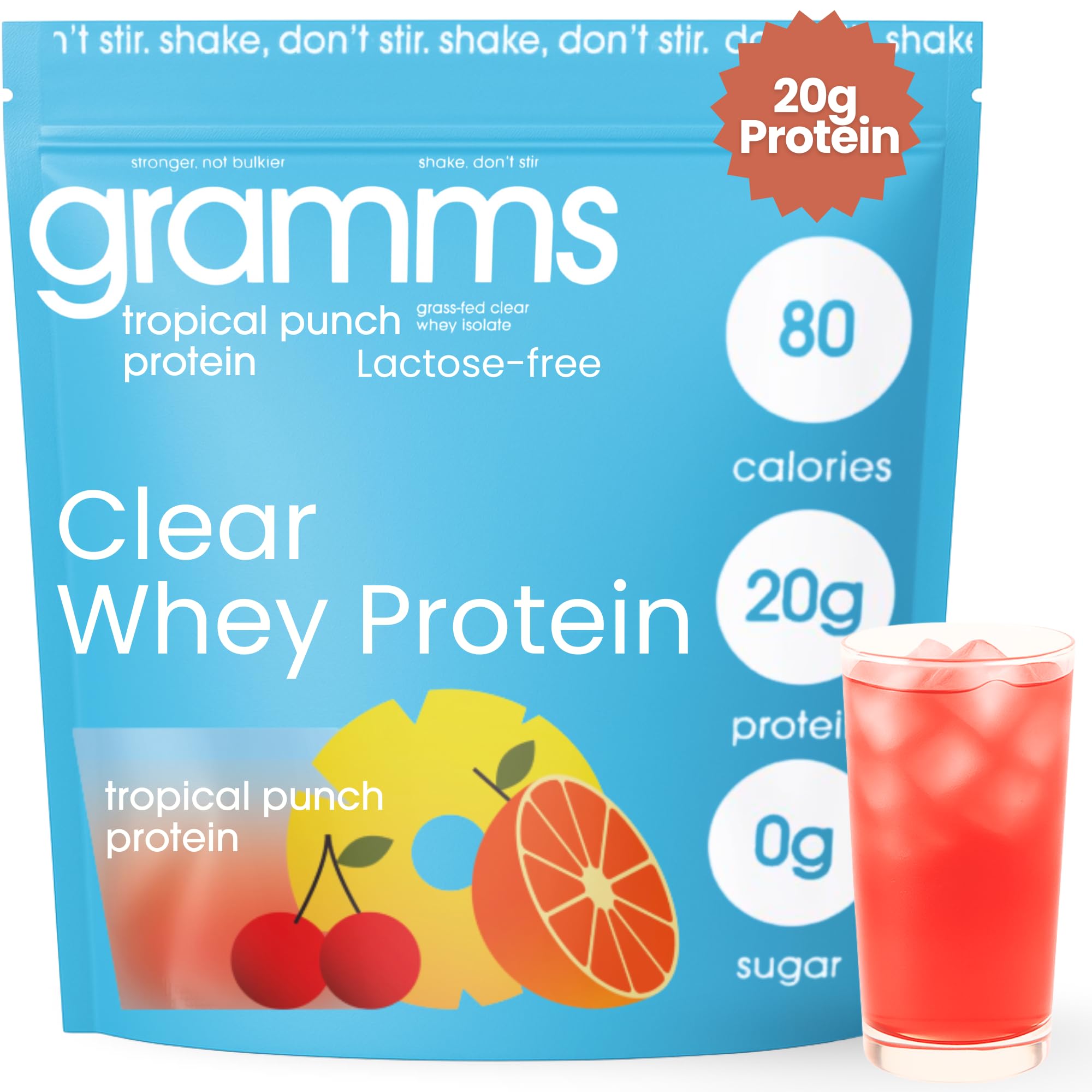 GRAMMS Clear Protein Powder, Tropical Punch | 20g Protein Grass-Fed Whey Isolate, Zero Sugar, Zero Lactose, Non-Bloating, Non-GMO, Protein for Women (18 Servings)