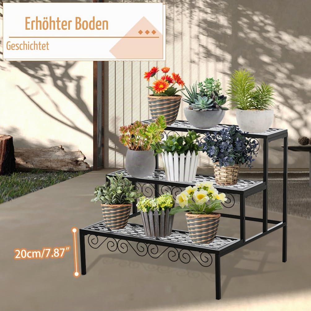 BAOYOUNI 3 Etagen Blumentreppe Blumenregal aus Metall Rechteckiges Pflanzenständer Pflanzenregal Blumentopfständer für Garten, Balkon, Terrasse, Indoor und Outdoor, Schwarz